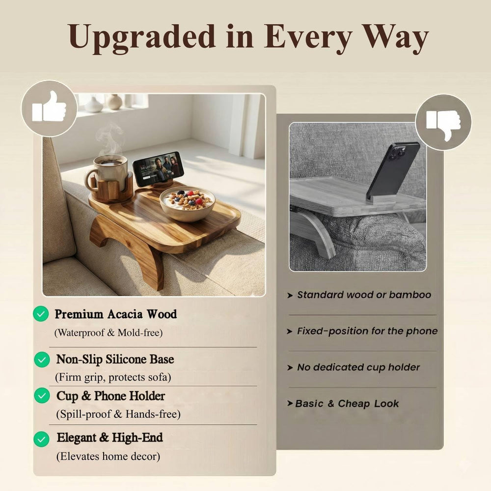 Couch Armrest Table, Acacia Wood Sofa Arm Tray with 360° Rotating Phone &...