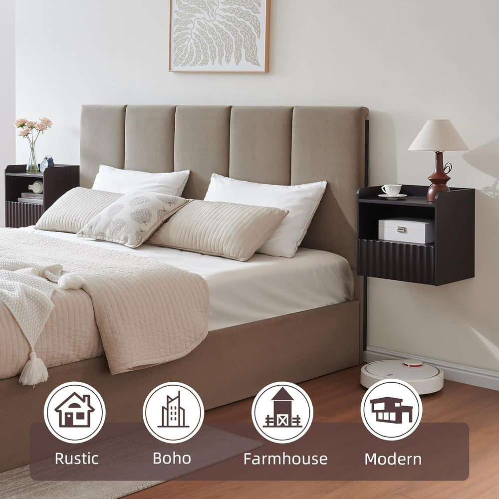 Modern Fluted Floating Nightstand Wall Mounted - Bedside Table with Storage D...