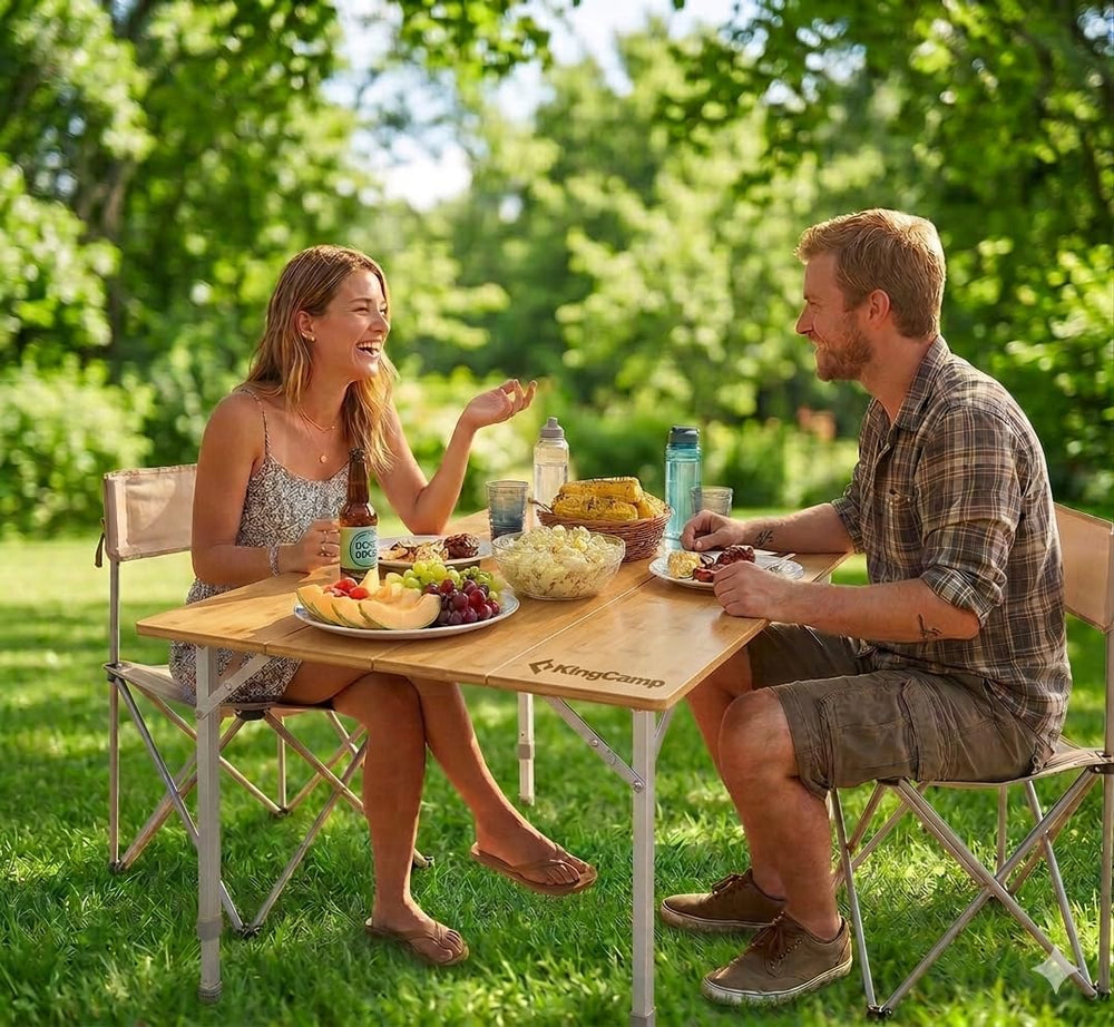 KingCamp Folding Camping Table Bamboo 4-Fold Adjustable Portable Table