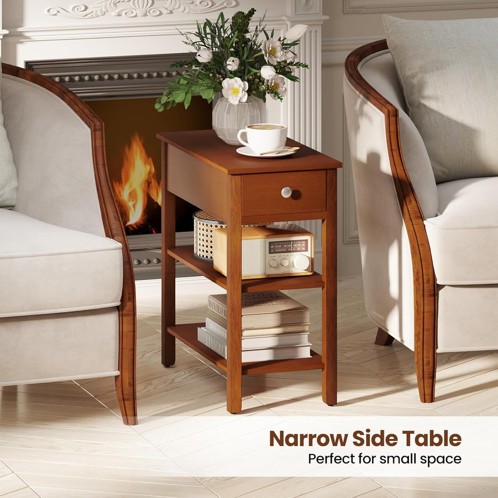 Giantex Narrow End Table Set of 2, Farmhouse Side Tables with Drawer & St...