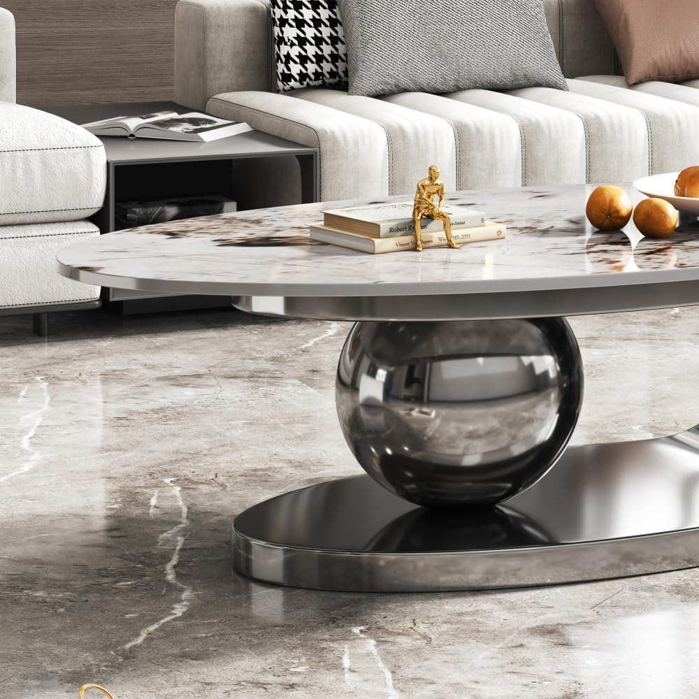 ZOEDO 49.2 Inches Oval Faux Marble Coffee Table for Living Room with Stainles...