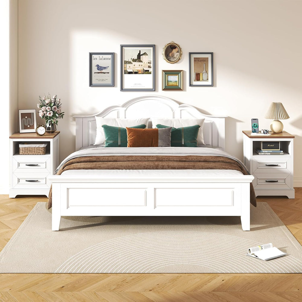 Farmhouse Nightstand with Charging Station, Wood Night Stand with Drawers, Be...