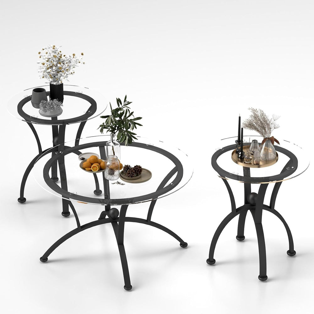 3 Piece Round Glass Coffee Table Set, Black Metal Steel Frame Center Table an...