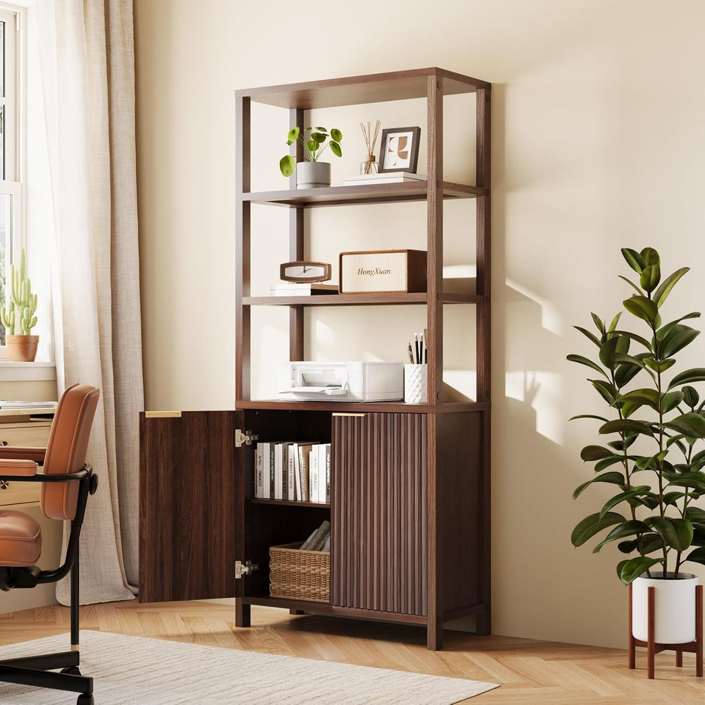 VINGLI Bookcase with Fluted Doors, 71" Wood Storage Cabinet with Adjusta...