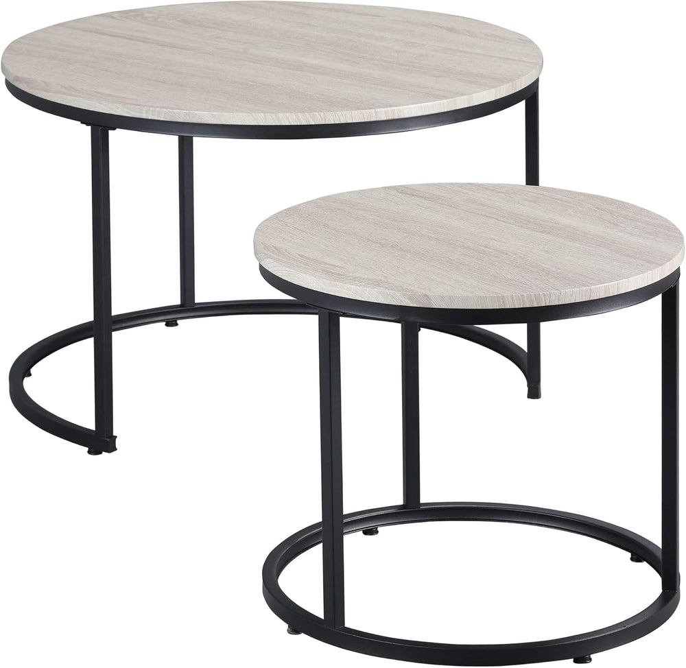 Round Nesting Tables Set of 2, Stacking Coffee Tables with Metal Frame | Grey...