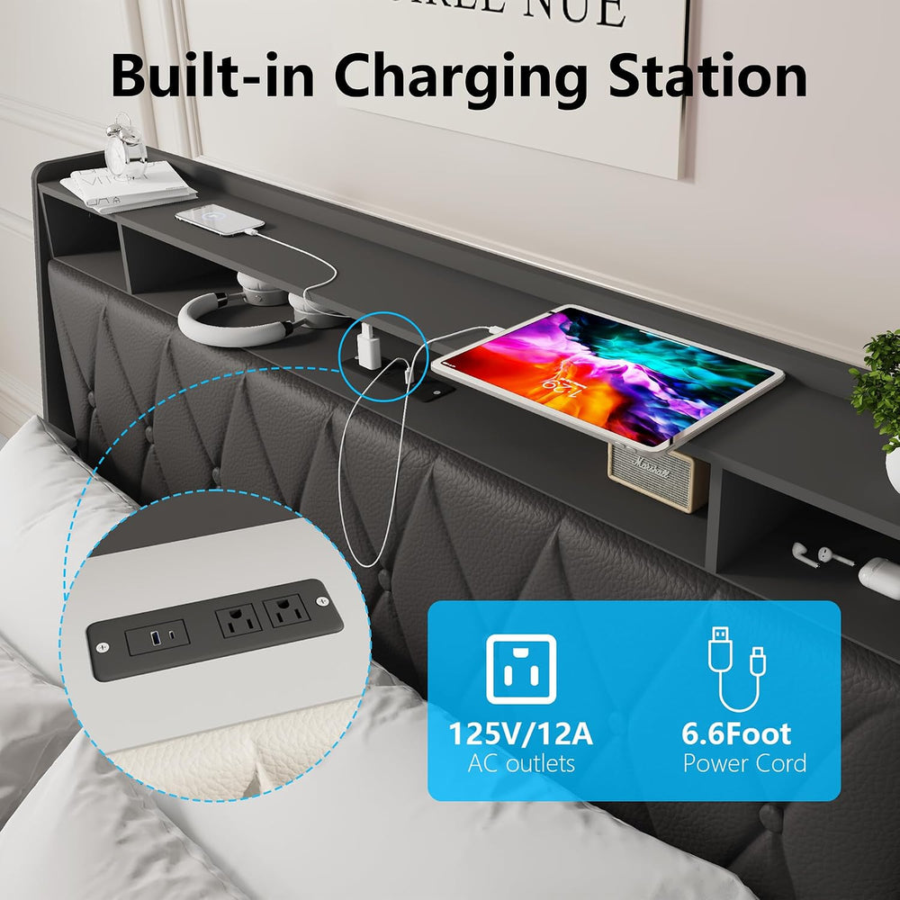 Peanu Queen Bed Frame, Ergonomic Headboard, Built in Charger Black