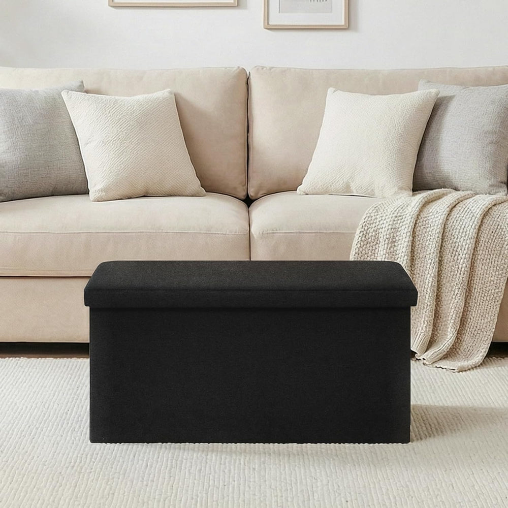 30 Inch Folding Storage Ottoman with Reversible Lid Coffee Table, Linen Fabri...