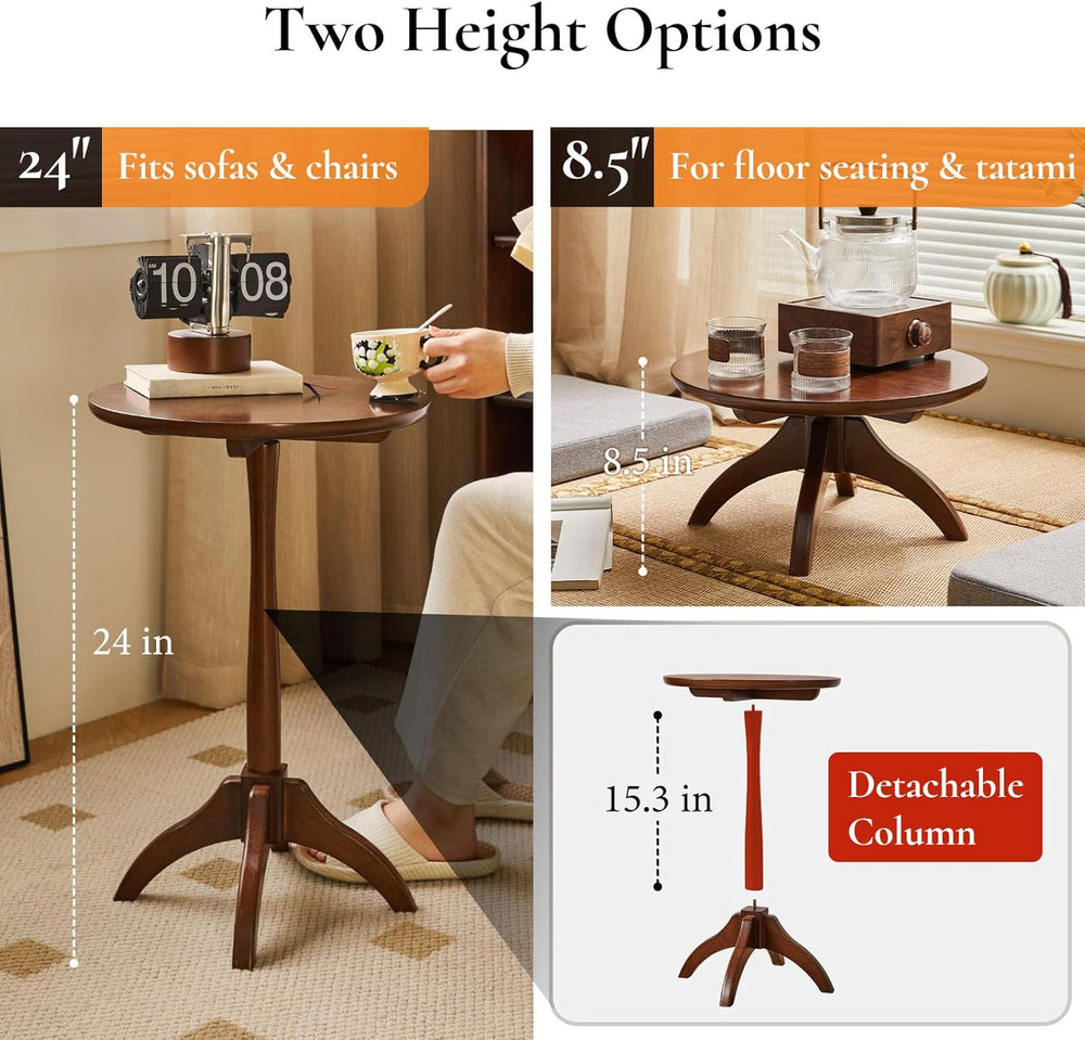 Small Round Side Table, Solid Wood End Table with Adjustable Height, Portable...