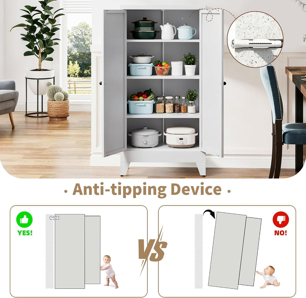 47.3 Inch White Metal Pantry Cabinet Freestanding Storage Organizer with 3 Ad...