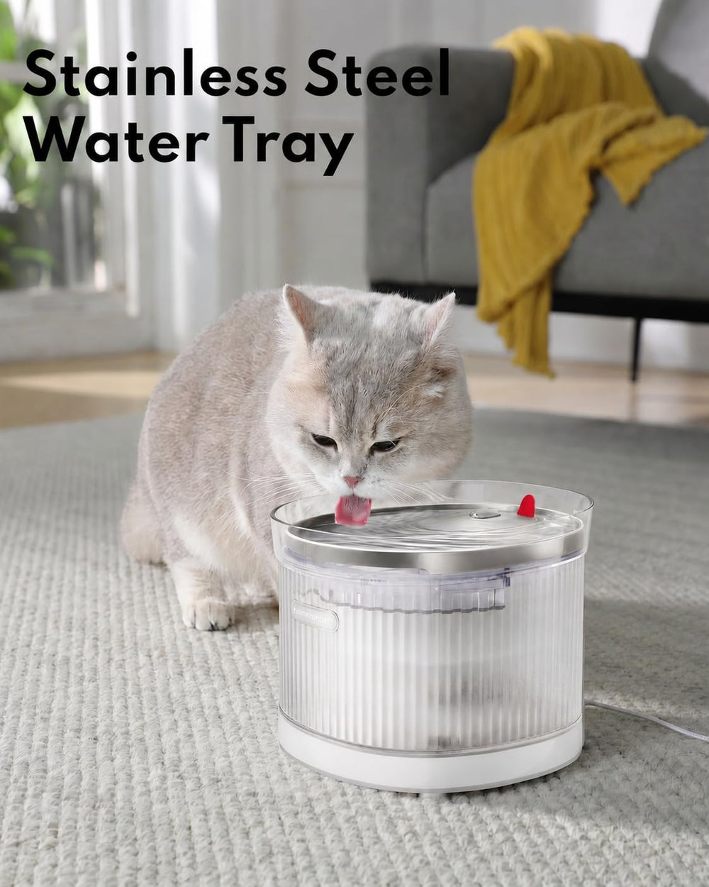 HomeRunPet Cat Water Fountain Stainless Steel Tray with Cordless Pump, 68oz