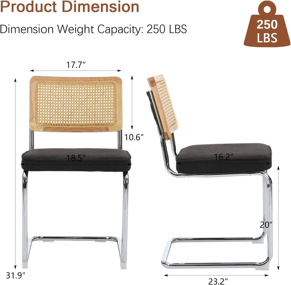 Rattan Back Linen Dining Chair Set of 4 Modern Stainless Chrome Base Armless ...