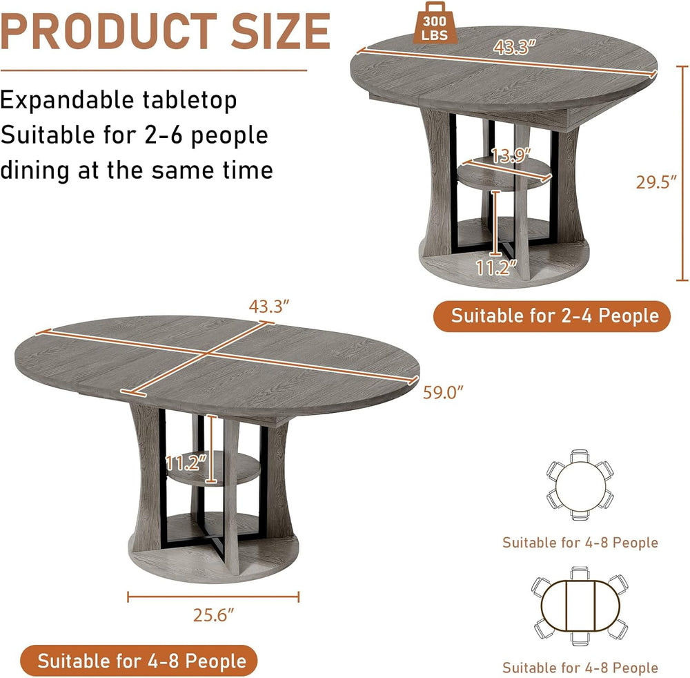 Extendable Round Dining Table for 4-6-8, 43.3-59in Expandable Kitchen Table w...