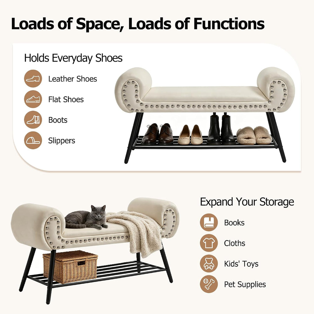 45" Upholstered Storage Shoe Bench, Velvet Fabric End of Bed Bench with ...