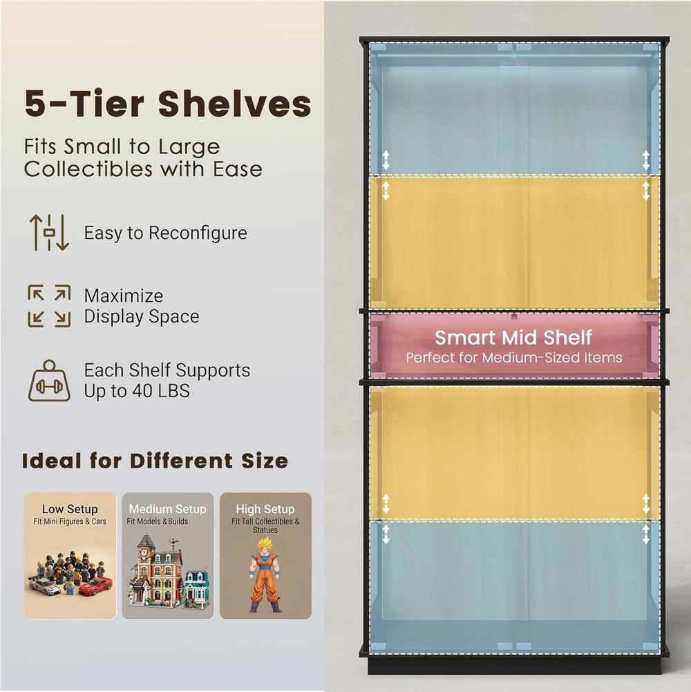 Display Cabinet with Glass Doors & LED Lights, 5 Tier Lighted Display Cas...