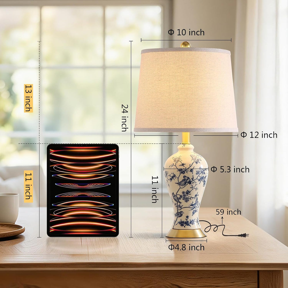 RORIA 24" Chinoiserie Modern Ceramic Small Table Lamps Set of 2 for Bedroom