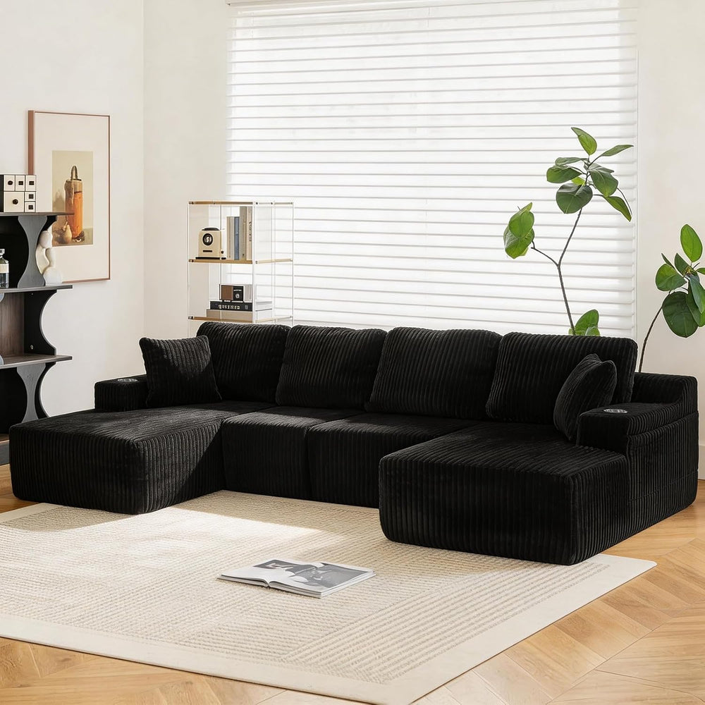 130" U-Shaped Modular Sectional Sofa with Chaise | Corduroy Flexible Mod...