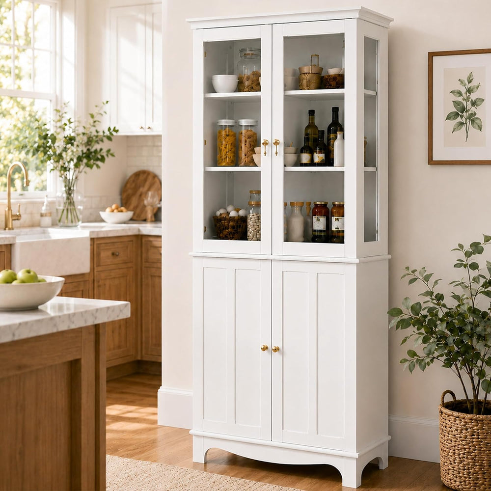 ARTPOWER 72" China Cabinet, Freestanding Kitchen Pantry with Tempered Gl...