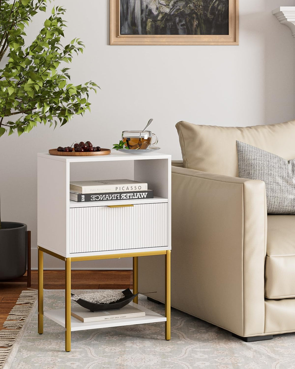 Nightstand,Modern Bedside Table with One Drawer and Two Shelf,White Night Sta...