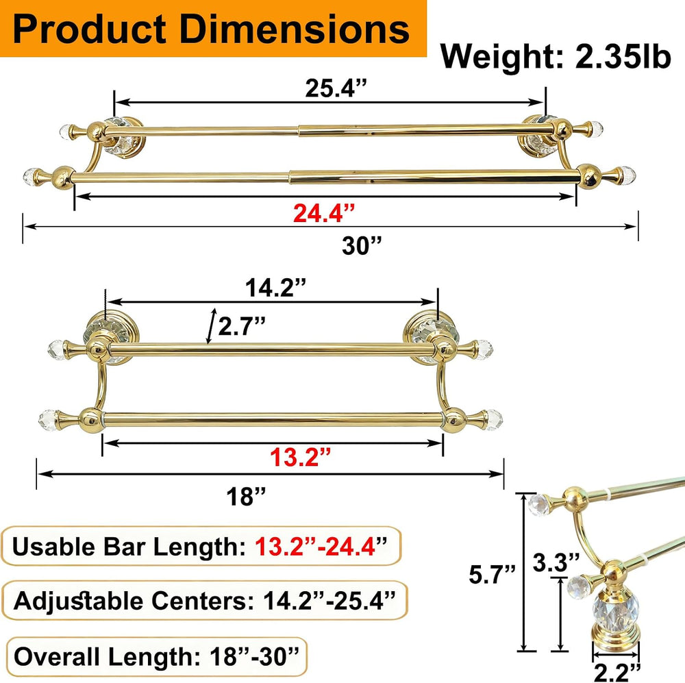 Gold Double Towel Bar, Adjustable Crystal Towel Racks for Bathroom