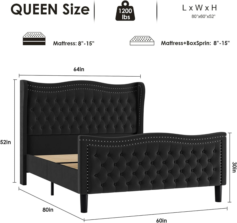 Queen Bed Frame with Tall Headboard & Footboard, Velvet Upholstered Platf...