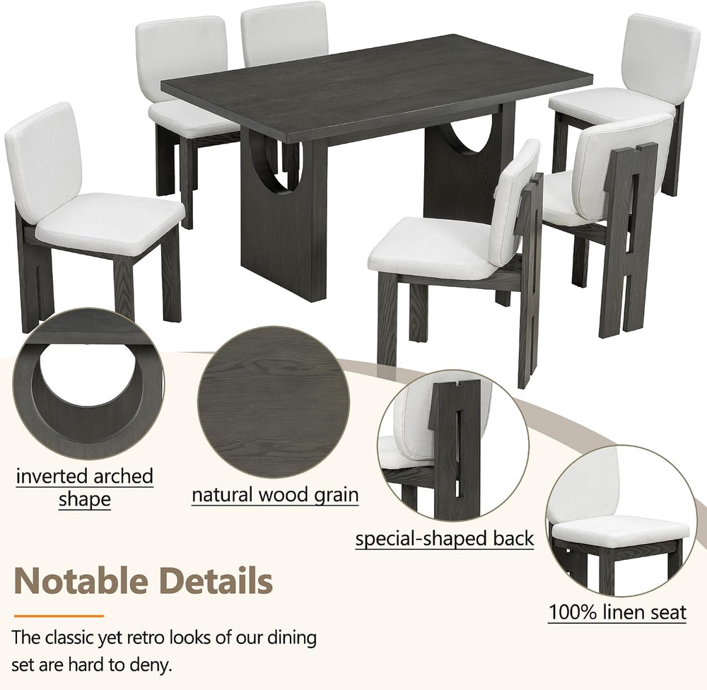 Merax Wood Dining Table Set for 6, Rectangular Tabletop/Upholstered Chairs/Re...