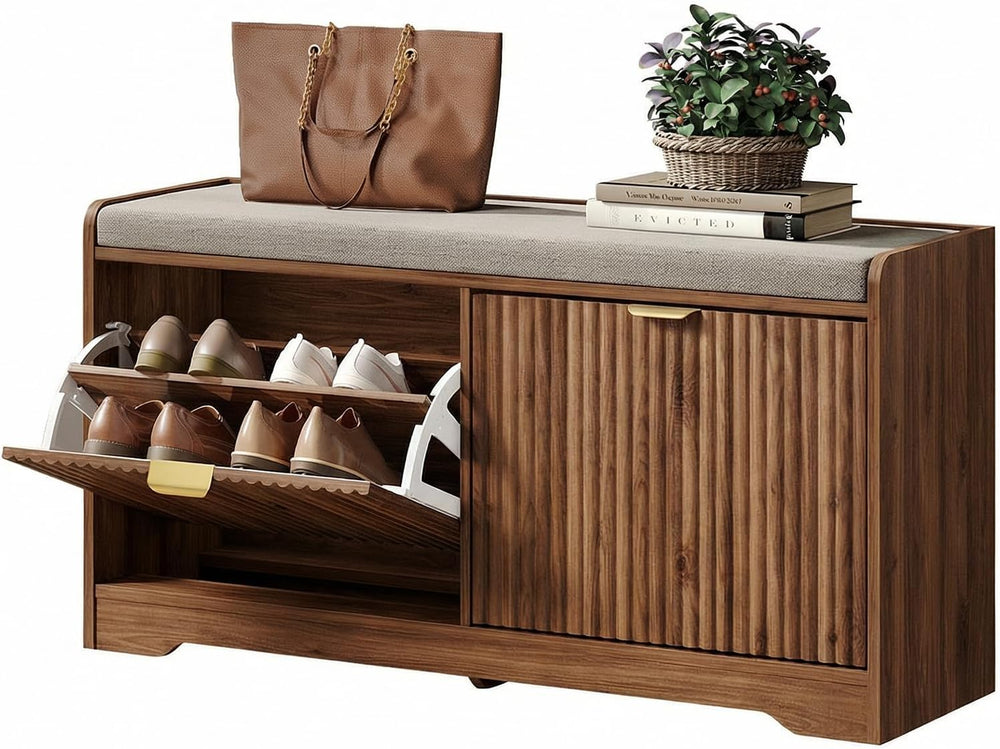 Maupvit Fluted Shoe Bench with 2 Flip-Drawers, 39.4" Narrow Entryway Ben...