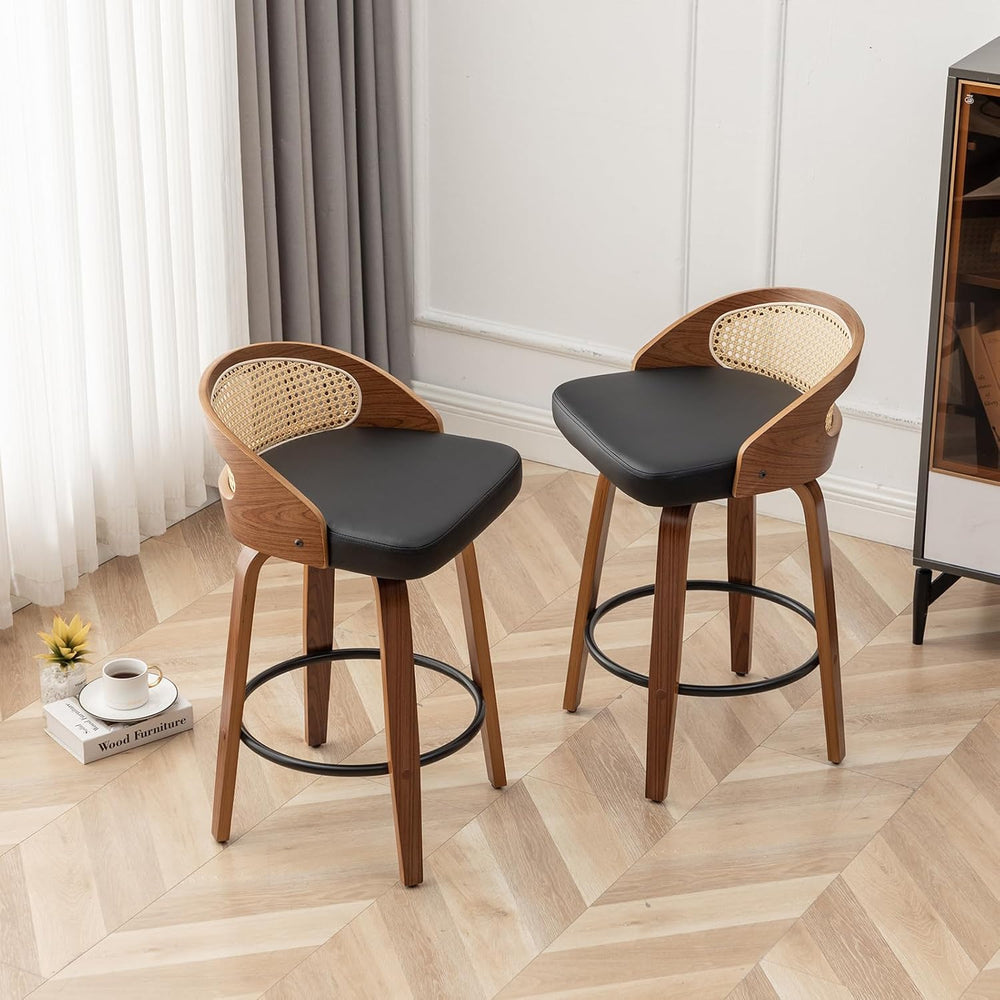 Swivel Rattan Bar Stools Set of 3 with Back,Black Leather barstool chairs