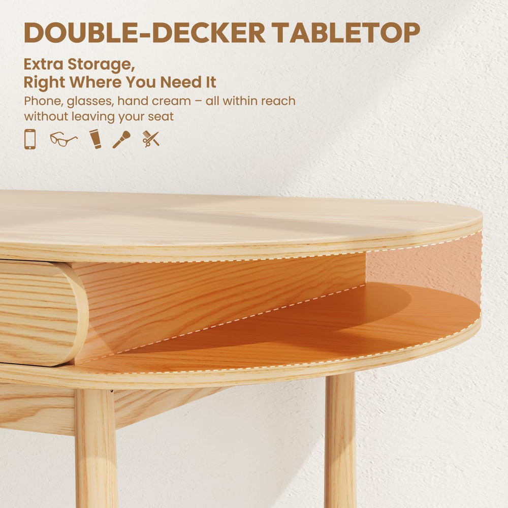 60in Solid Wood Desk - Oval-Shaped Double-Top Dressing Table, Ash