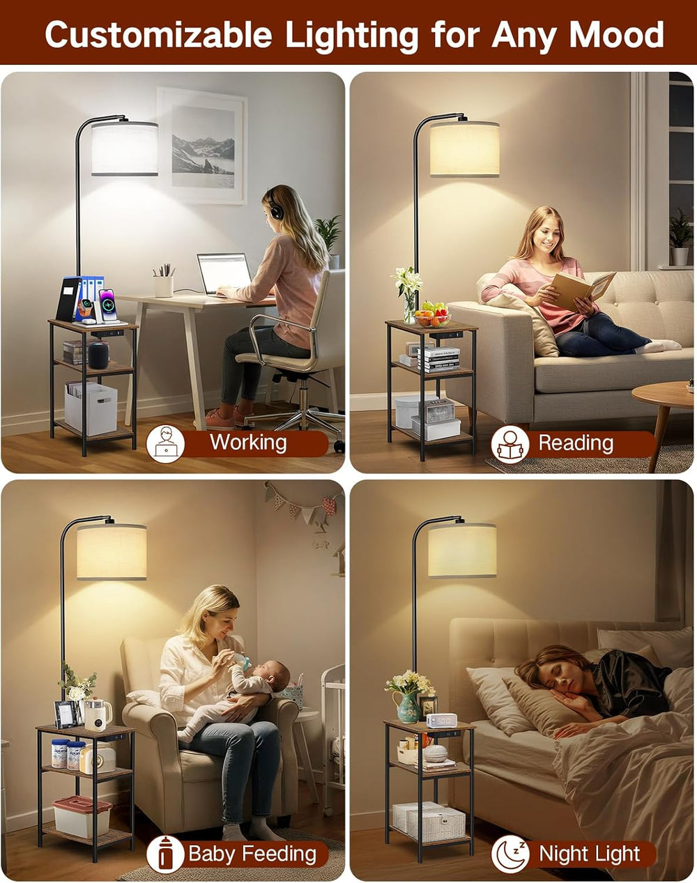 Floor Lamp with Table & Remote, Side End Table with Charging Station, Dim...