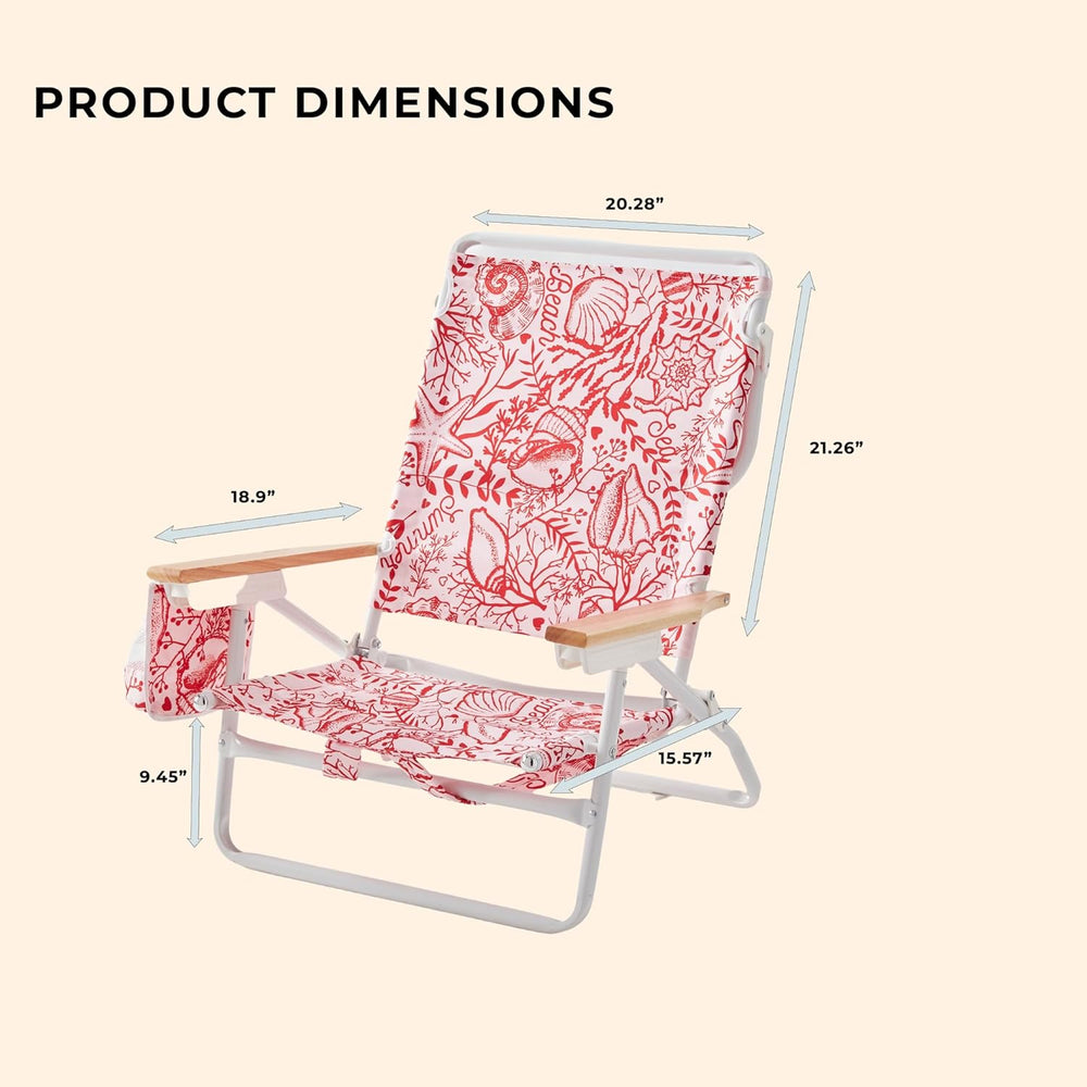 5-Position Low Beach Chair, Portable Lightweight Folding Beach Chair with Woo...