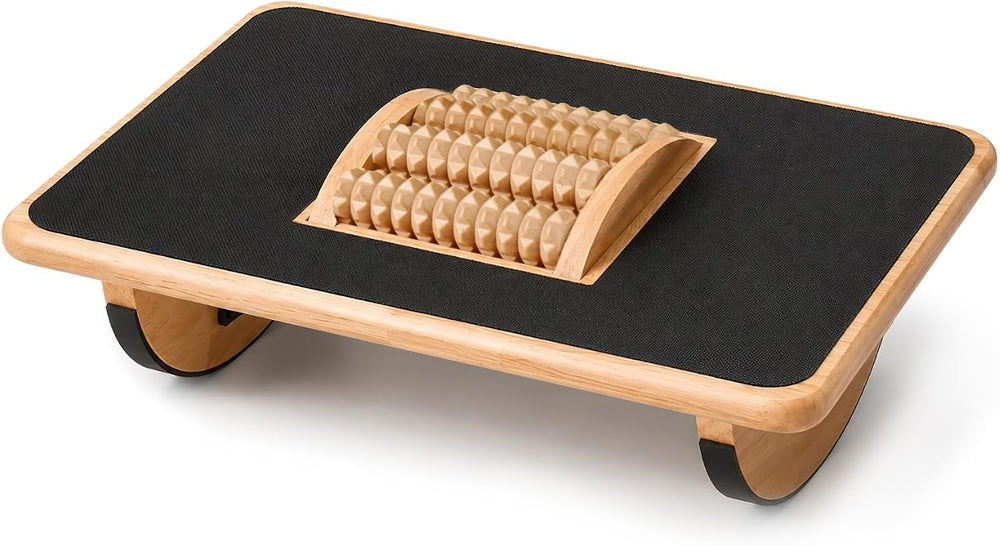 Foldable Under Desk Foot Rest, Wooden Rocking Footrest with 4 Massage Rollers...
