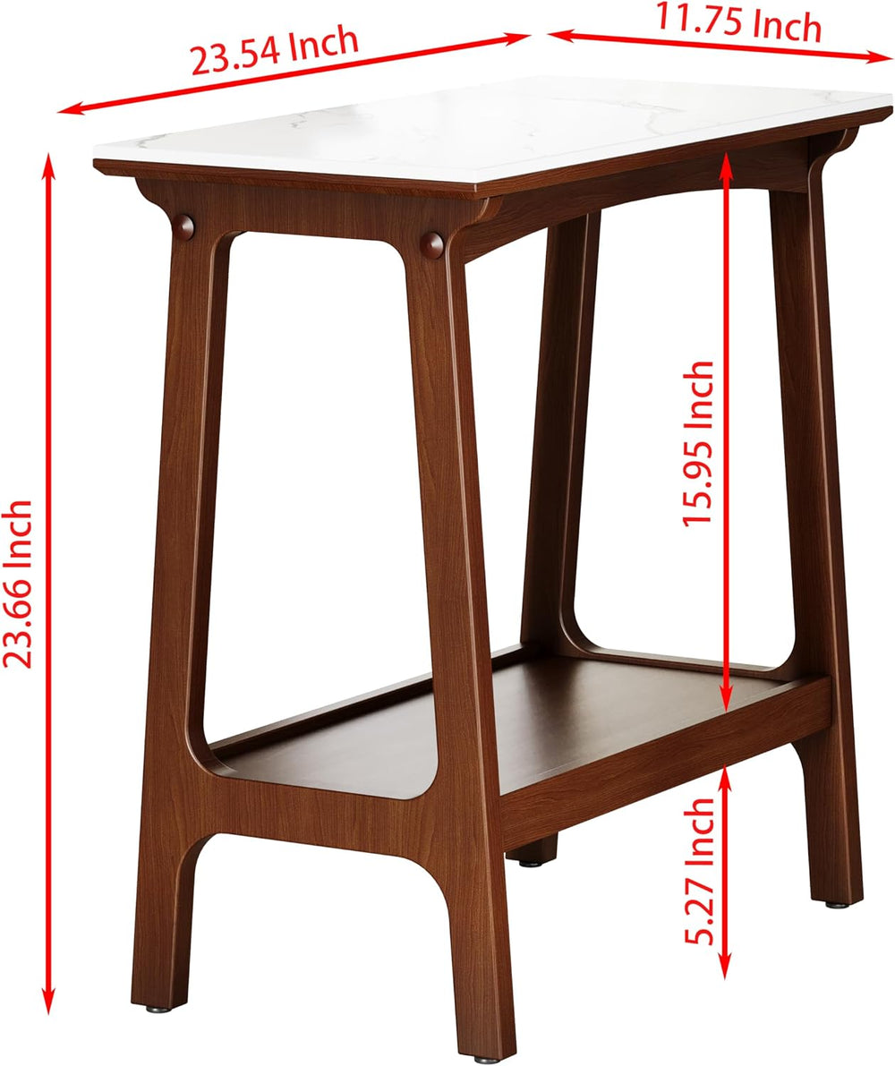 Skinny Side Table Slim Nightstand with Storage Shelf and Marble Top, Farmhous...