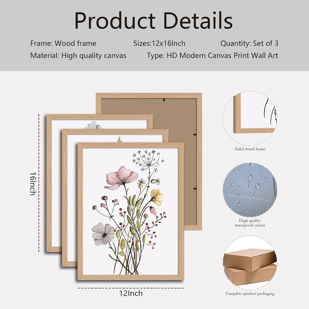 3Pcs Framed Botanical Wall Art Set of Watercolor Floral Canvas Prints Wildflo...