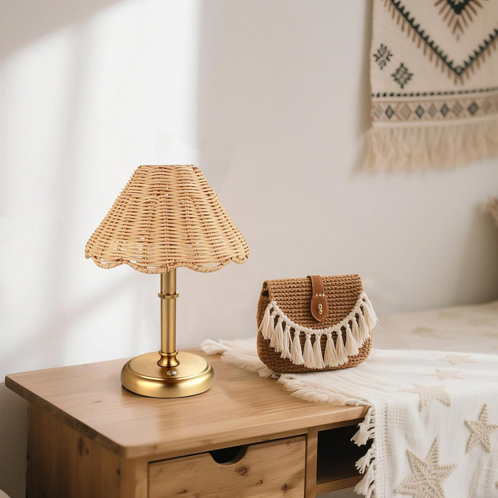 Mini Cordless Boho Rattan Table lamp, 5200-mAh Rechargeable Battery, 3-Level ...