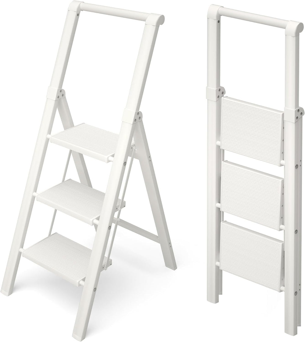 HillhutApex Aluminum 3 Step Ladder, Step Stool Foldable Ladder(White)