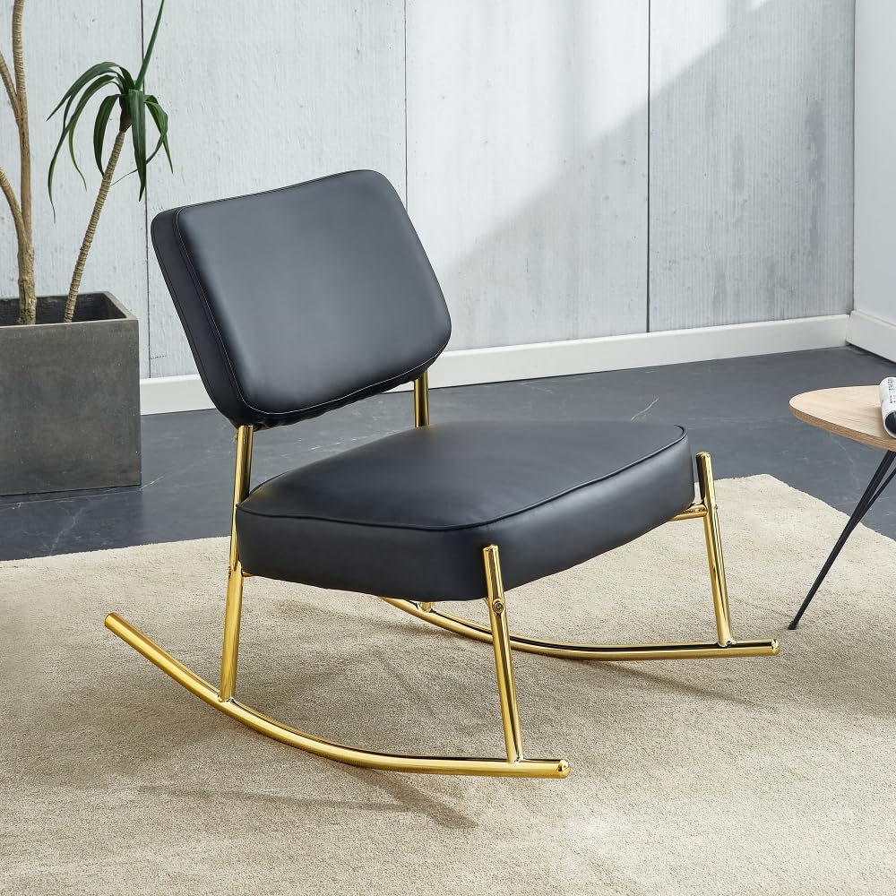 Modern Rocking Chair with PU Cushioned Seat, Black Backrest, Gold Metal Legs ...