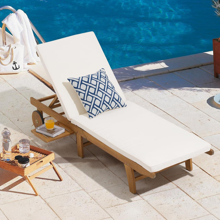 Patiorama Patio Acacia Wood Chaise Lounge Chair, Pull-Out Table, Cream