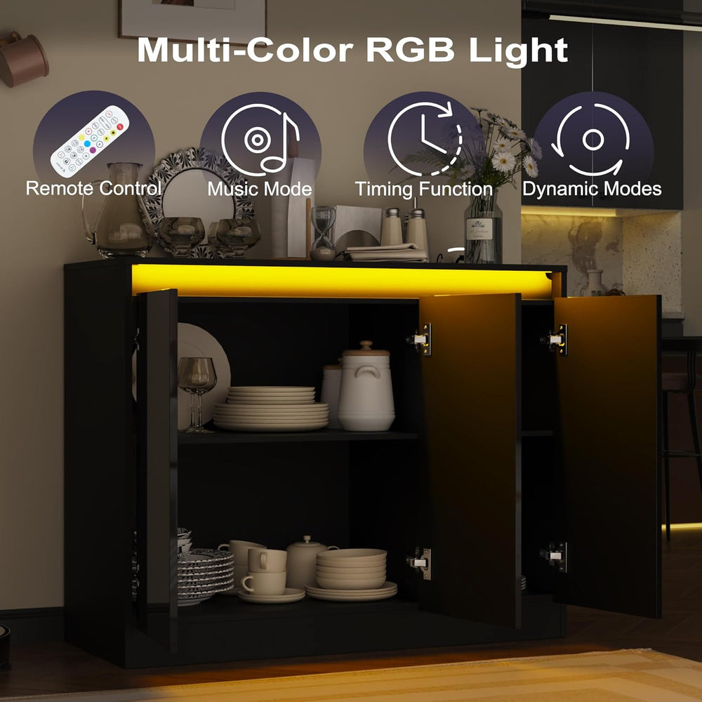Furnify High Gloss Buffet Cabinet with LED Lights, Modern Sideboard Coffee Ba...