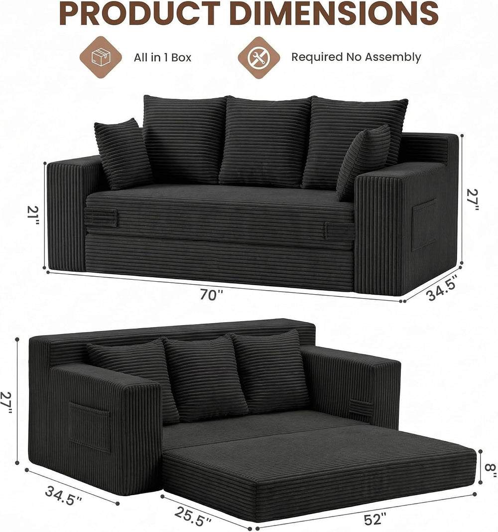 JUIKURY Couches 70 inch: 3-in-1 Convertible Sofa Bed Futon Couch Bed, Oversiz...