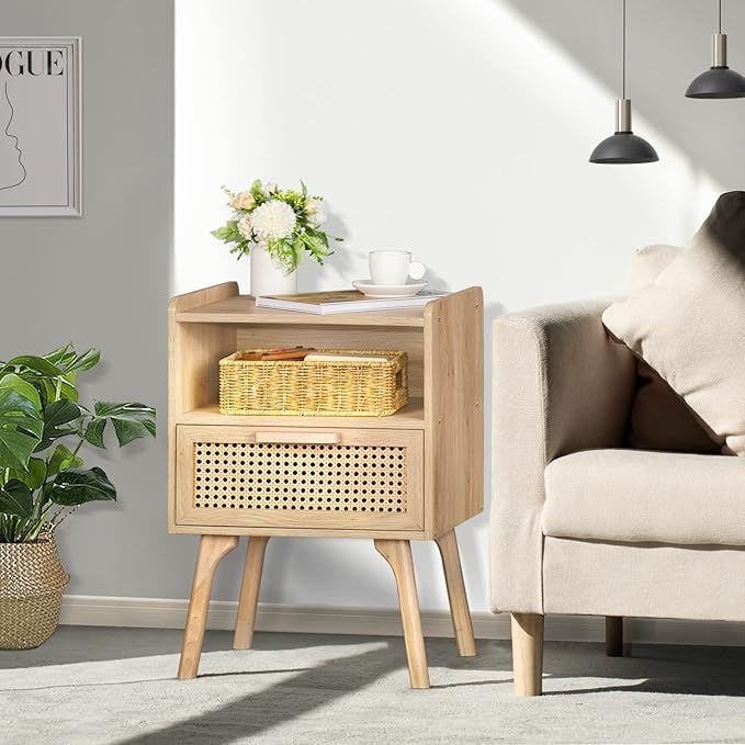 Lerliuo Rattan Nightstand, Boho Side Table with Drawer Open Shelf, Cane Accen...