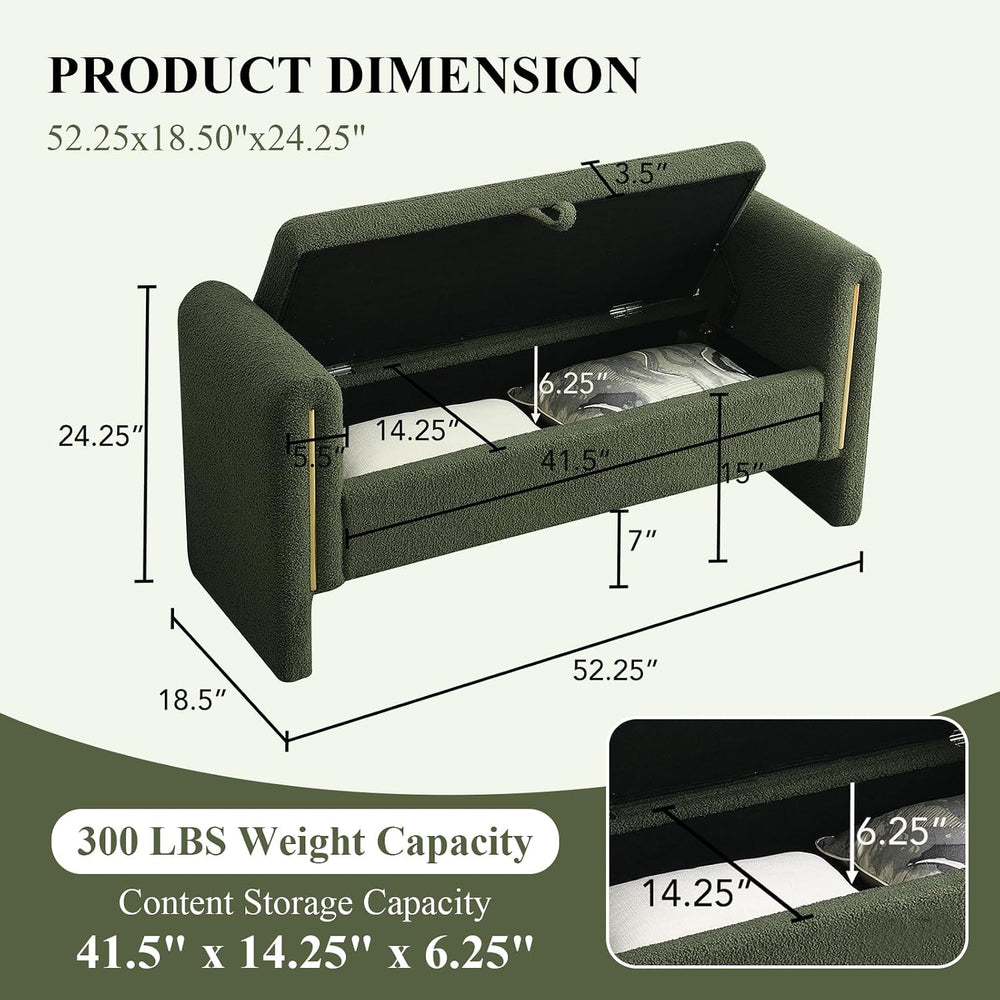 52" Storage Ottoman Bench, Teddy Upholstered End of Bed Bench with Pull-...