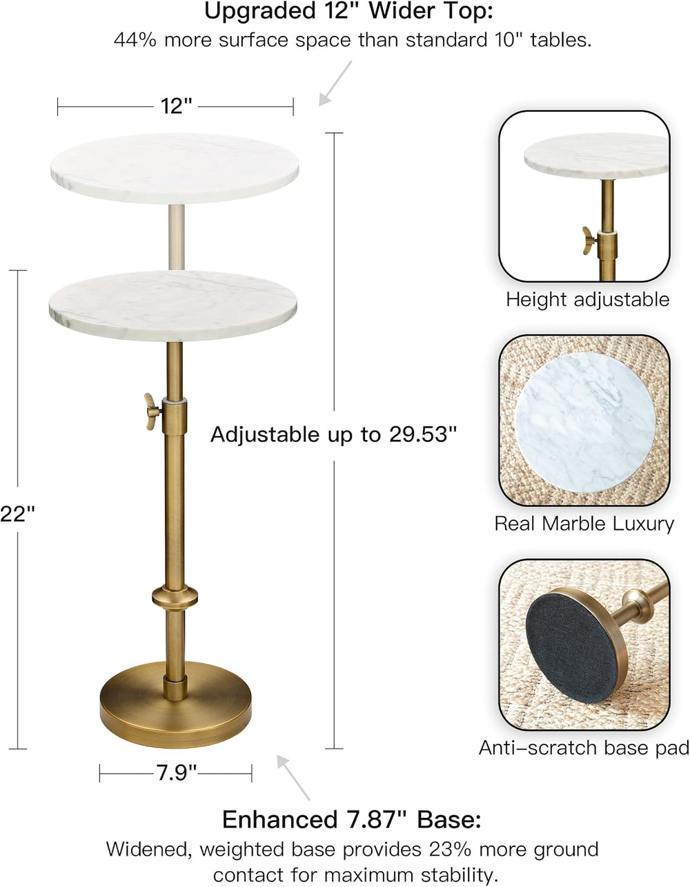 Adjustable 12" White Marble Drink Table with 2 Coasters, Antique Brass ...
