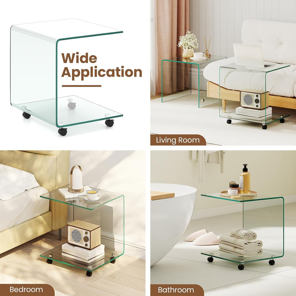 BECOMFORT Tempered Glass C-Shape End Table, Rolling Side Table with 4 Lockabl...