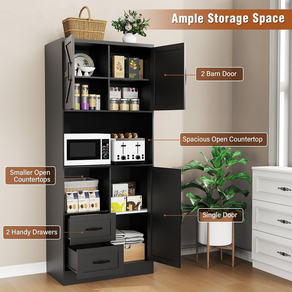 Bigbiglife Farmhouse Kitchen Pantry Cabinet with LED Lights and Power Strip, ...