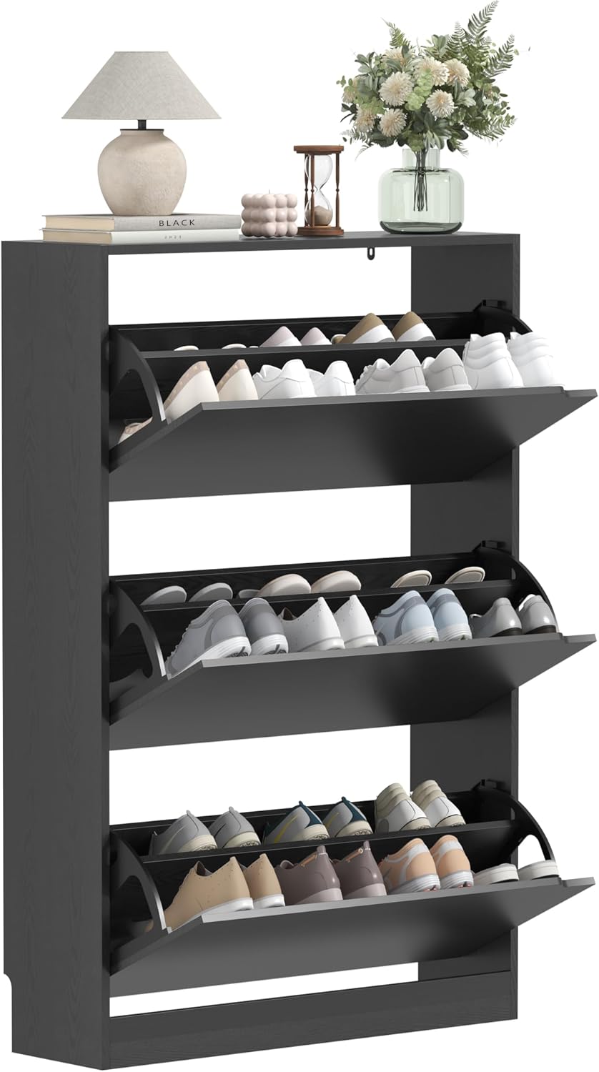 Narrow Shoe Cabinet for Entryway, Slim Shoe Storage Cabinet with 3 Flip Drawe...