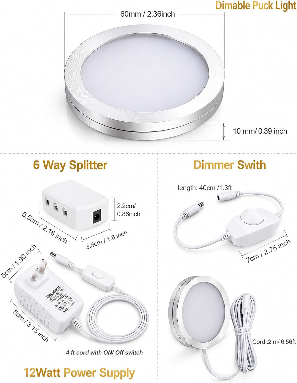 Cefrank Dimmable LED Puck Lights, 6-Pack Under Cabinet Lighting Warm White