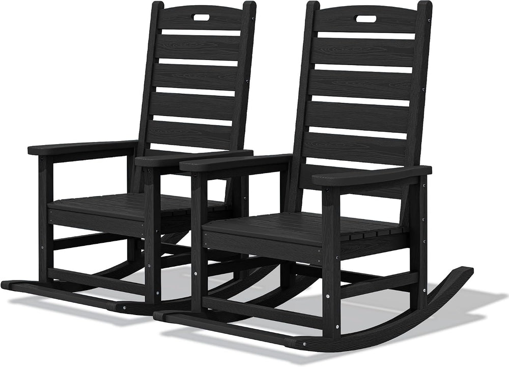 SERWALL Outdoor Rocking Chair Set of 2, Oversized HDPE Rocker, Black | Heavy ...