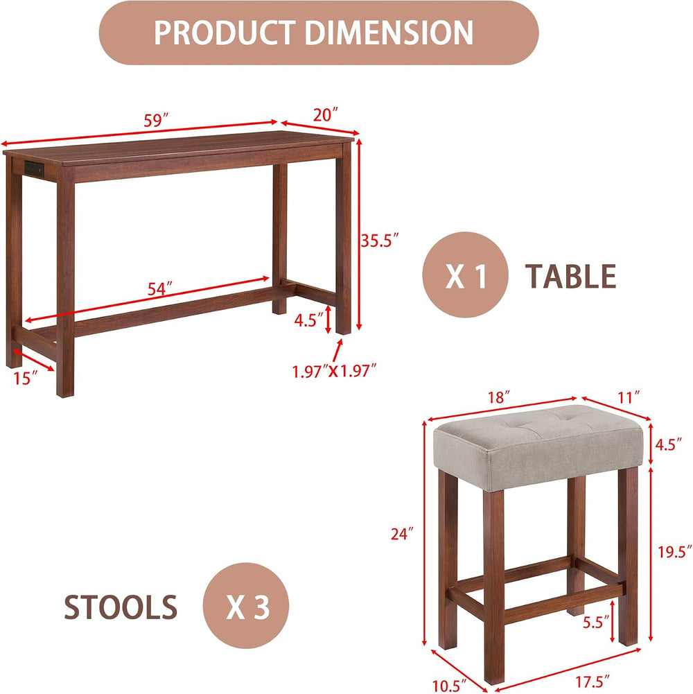 Merax 59 Inch Industrial Bar Table Set with Power Outlet & 3 Stools, Kitc...