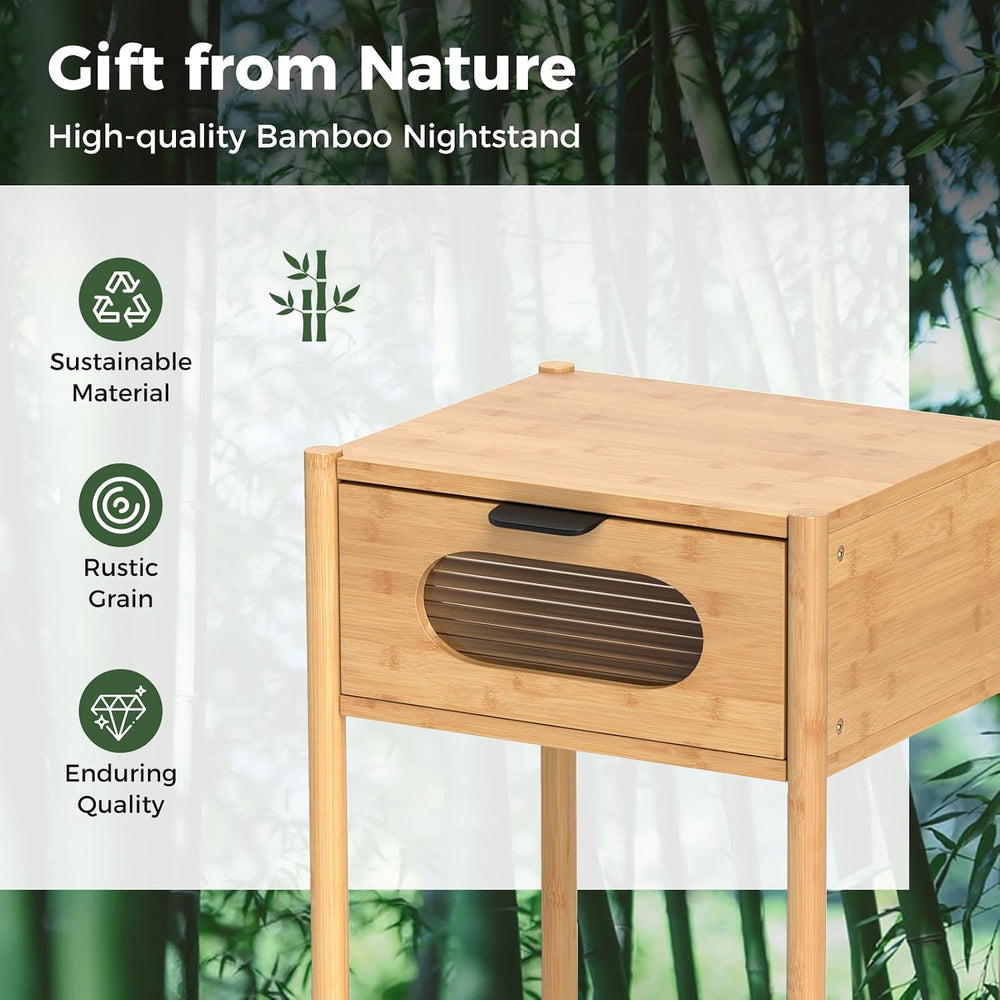 Giantex Bamboo Nightstand Set of 2, Mid Century Modern Bedside Table with Tem...