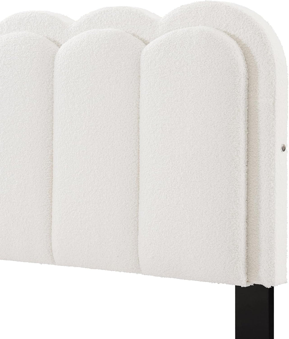 Peanu Queen Boucle Bed Frame, Petal Headboard, Ambient Light, White
